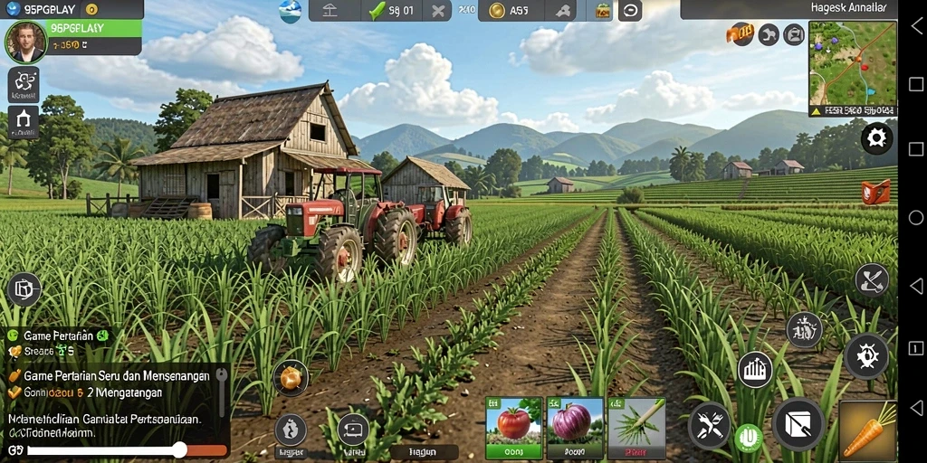 Screenshot permainan 95PGPLAY menampilkan petani yang bahagia dengan hasil panen.