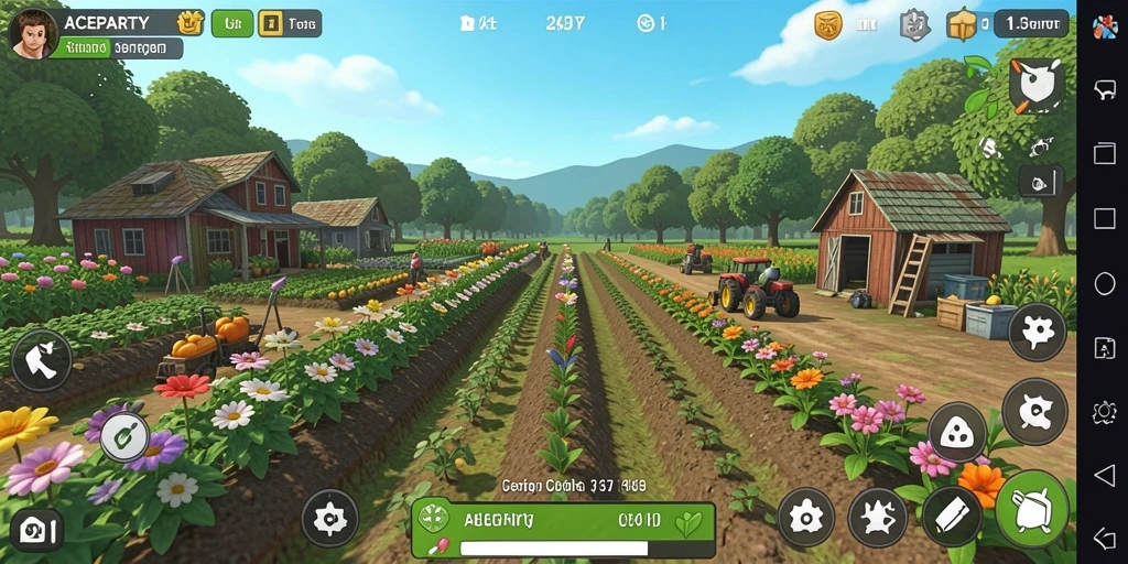 Screenshot gameplay ACEPARTY menampilkan kebun yang indah dan beragam tanaman.