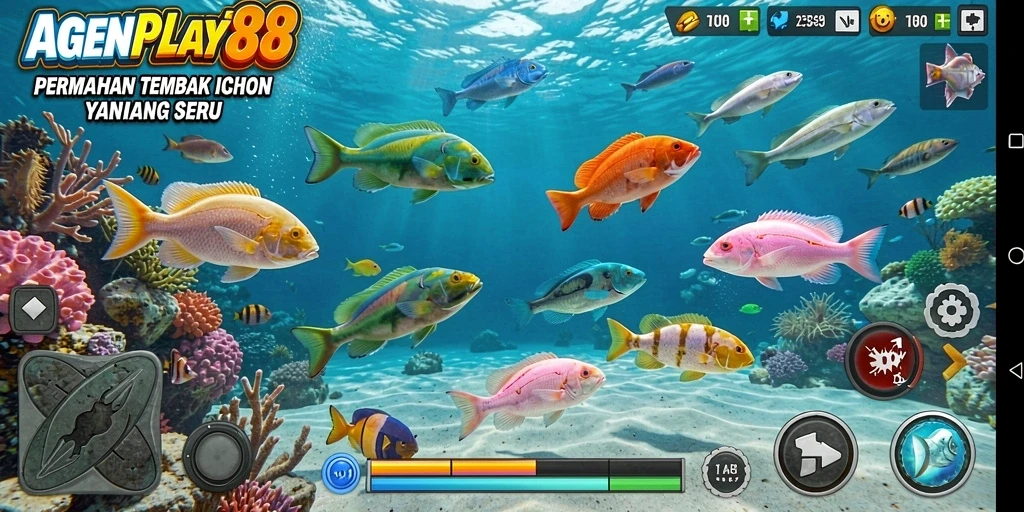 Screenshot utama AGENPLAY88 menunjukkan aksi seru menembak ikan.