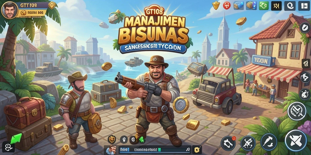 Tampilan gameplay GT108 yang menarik dengan elemen manajemen bisnis yang seru.