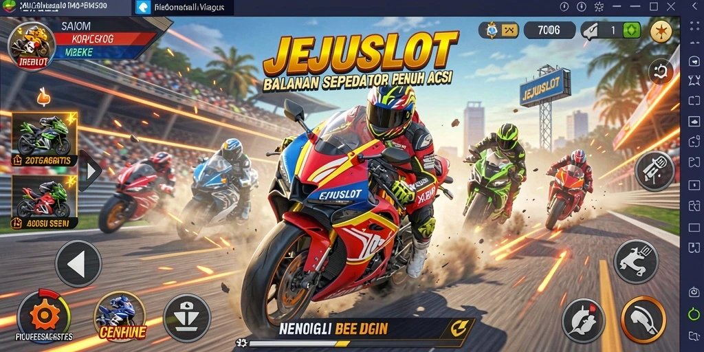 Tampilan utama gameplay JEJUSLOT dengan aksi balapan sepeda motor yang seru.