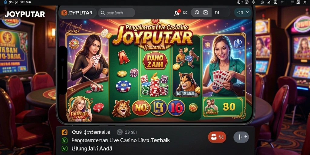 Screenshot dari gameplay <strong>JOYPUTAR</strong> menampilkan dealer langsung dan suasana kasino yang nyata.