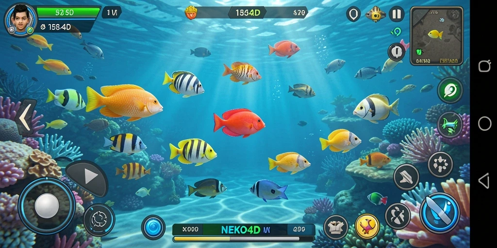 Screenshot gameplay NEKO4D menampilkan aksi menembak ikan yang seru.