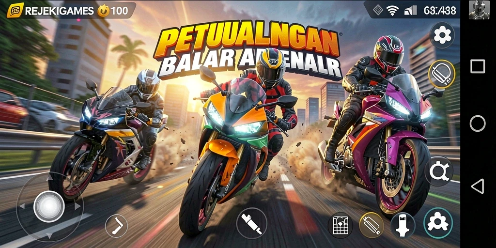 Screenshot gameplay REJEKIGAMES menampilkan balapan motor yang seru.