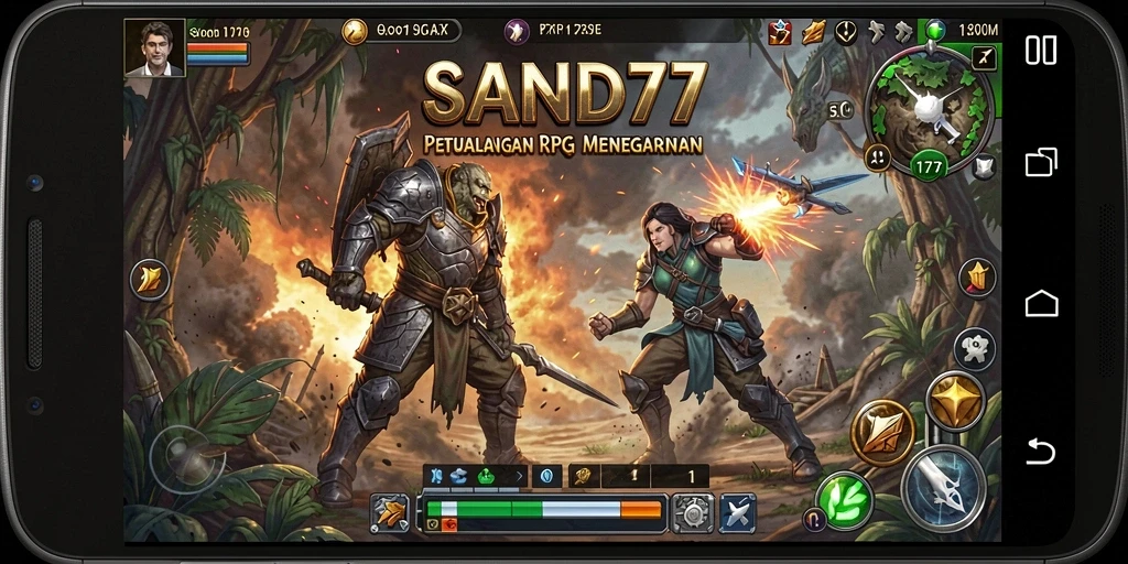 Tangkapan layar gameplay SAND77 menampilkan pertarungan epik dan karakter yang menarik.