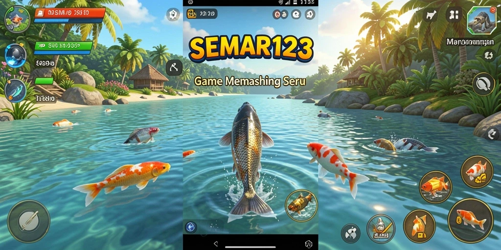 Tampilan gameplay SEMAR123 dengan banyak ikan berwarna-warni dan peralatan memancing.